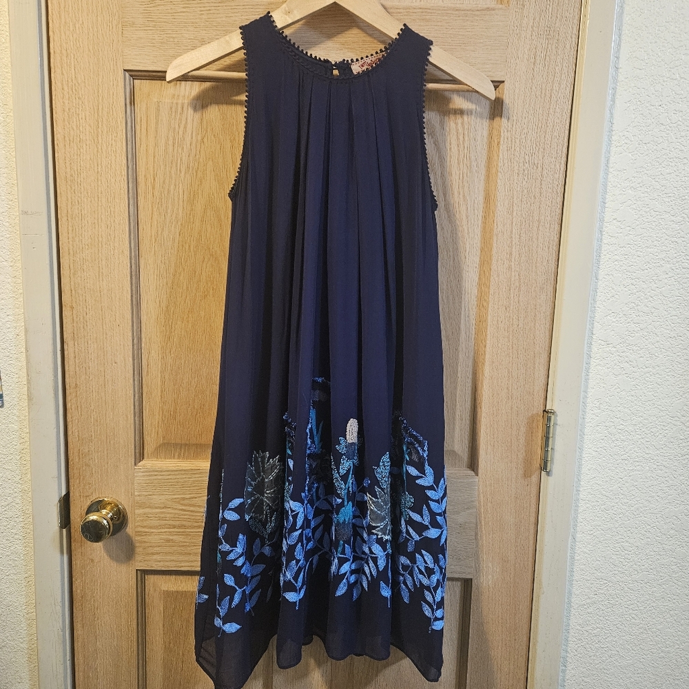 Size 4 Anthropologie Not So Serious Navy Sleeveless Dress with Floral Embroidery